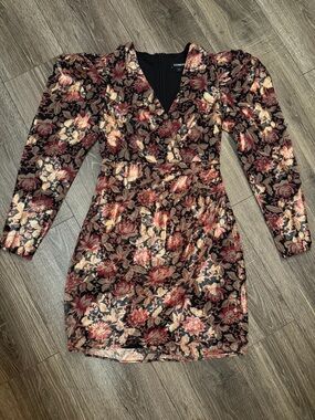 Express Black Floral Velvet Wrap Dress with Red & Gold Motif